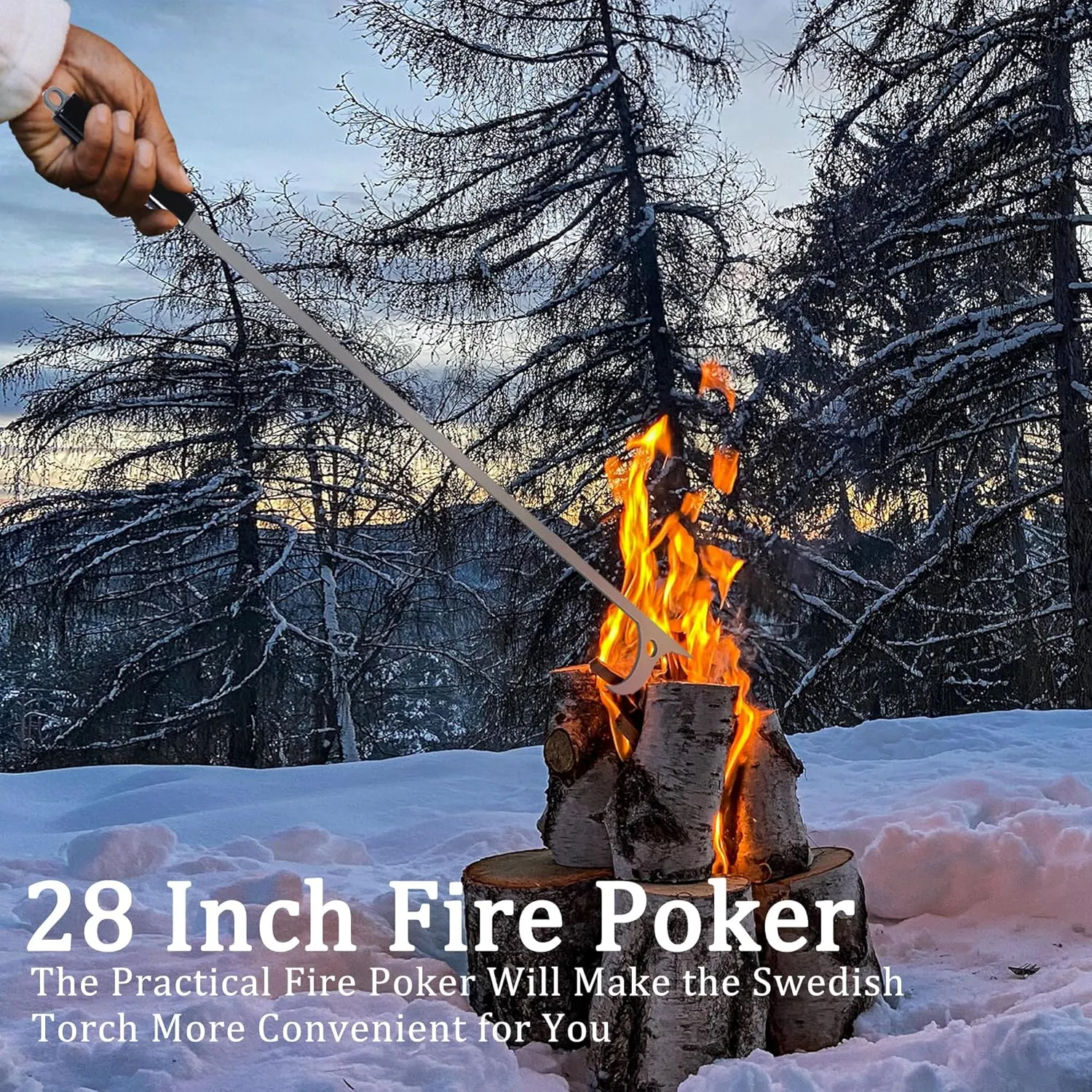 Fireplace Tools Set with 28" Fire Poker and Fire Tongs, Stainless Steel Firewood Tongs with Sturdy Stand, Rubber Handle Log Grabber for Fire Pit Campfire Backyard Bonfire Wood Stove Indoor&Outdoor