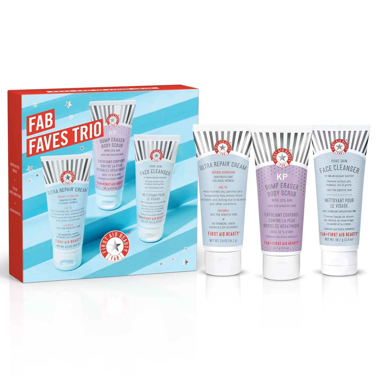 First Aid Beauty FAB Faves Trio: Cleanse & Hydrate Dry, Distressed Skin with Travel Size Essentials, KP Bump Eraser Body Scrub with 10% AHA, Ultra Repair Cream & Pure Skin Face Cleanser (2 oz, 3ct)