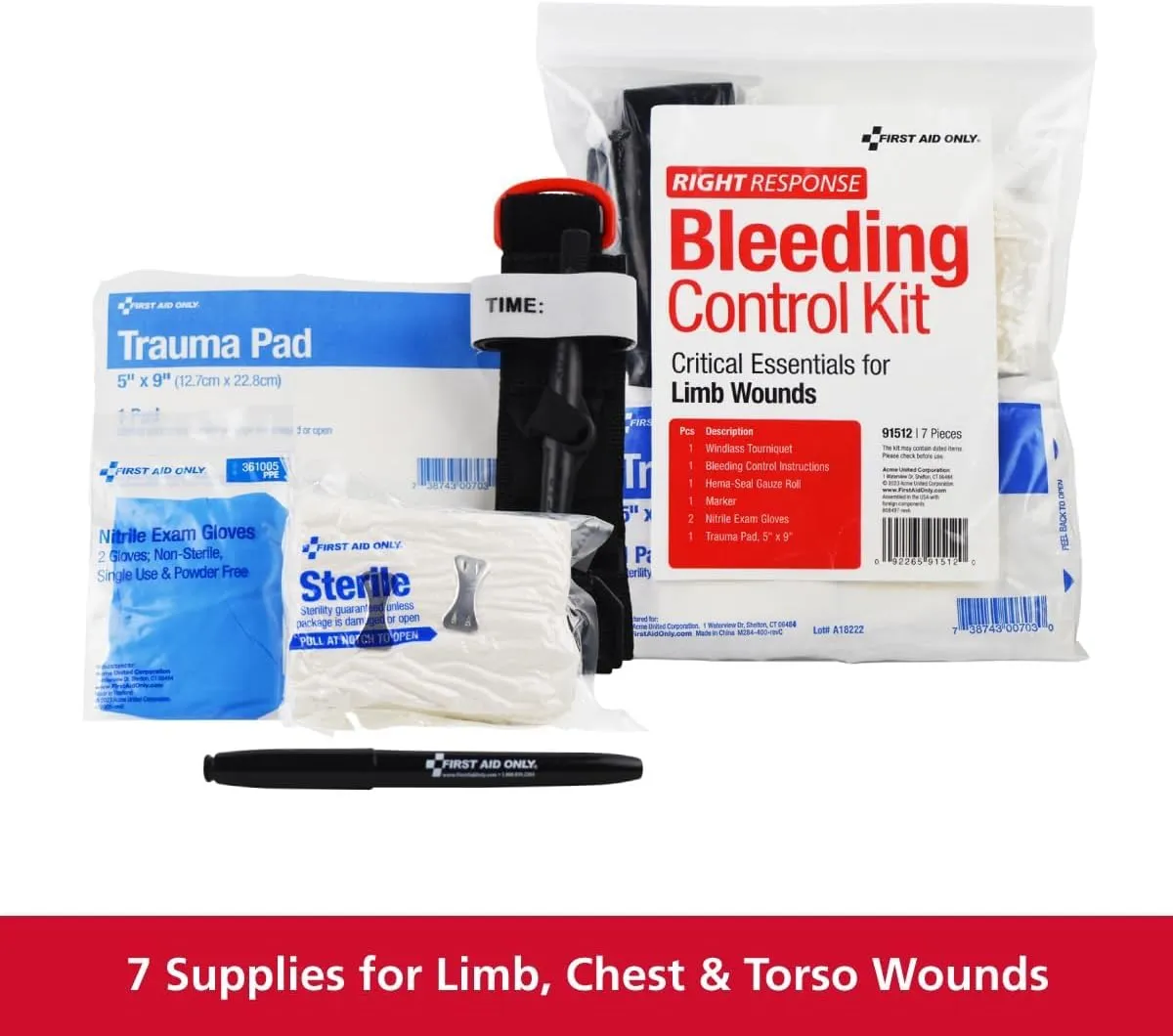 First Aid Only 91512 Critical Essentials Bleeding Control Kit for Limb Wounds, 7 Pieces