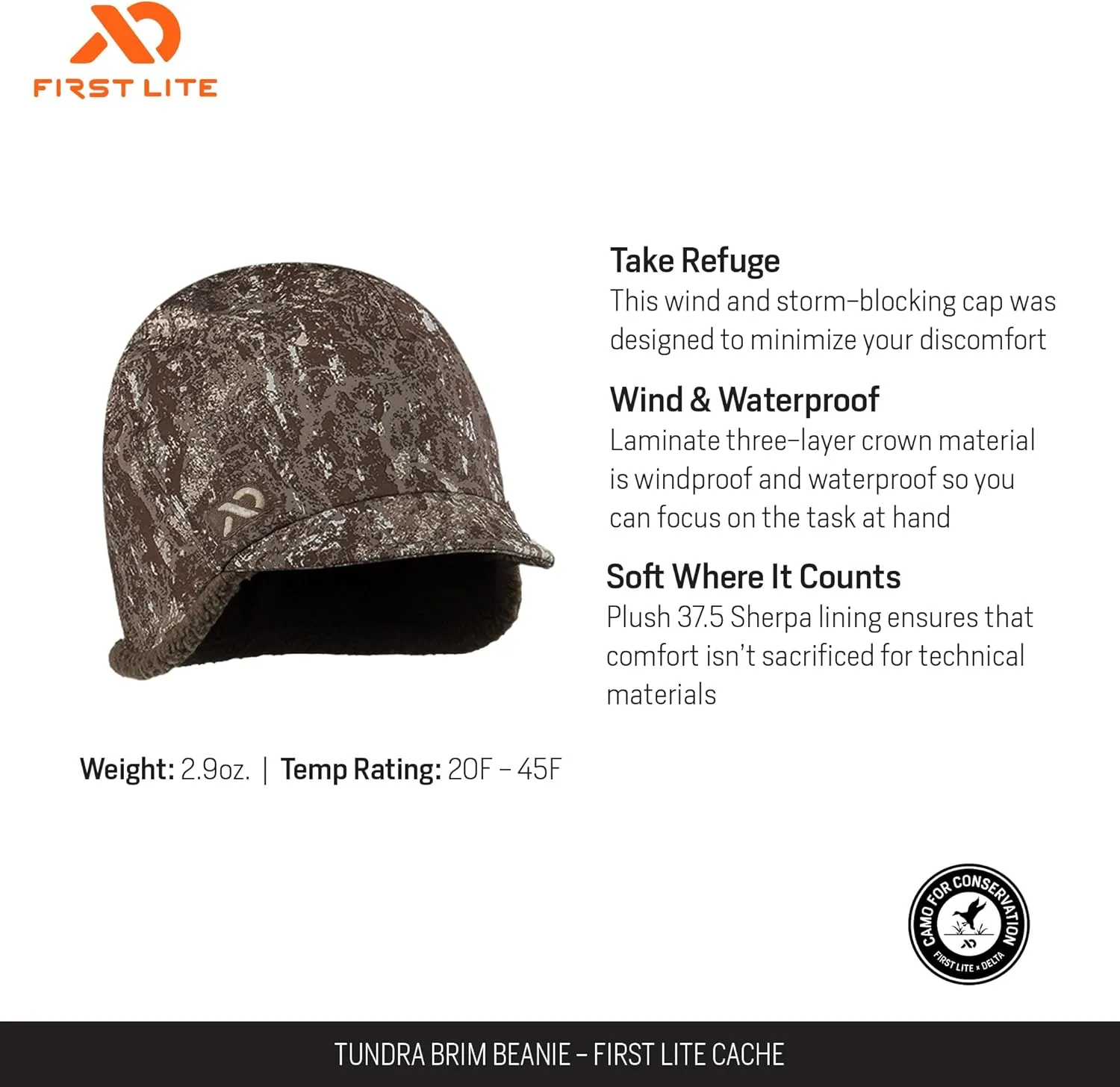 First Lite Tundra Brim Beanie - Warm Fleece Camo Hunting Hat