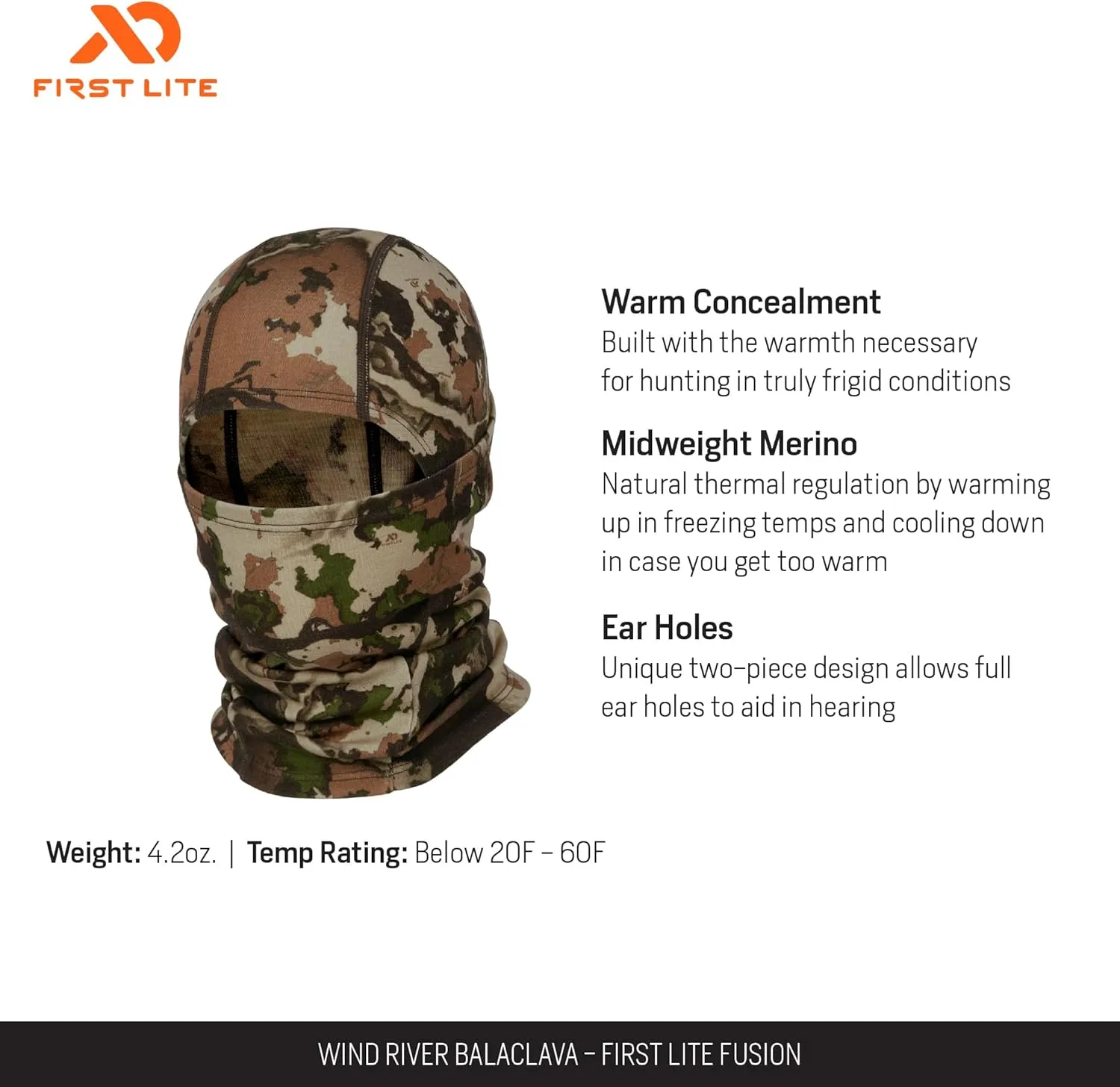 First Lite Wind River Balaclava - Warm Merino Wool Camo Hunting Face Mask