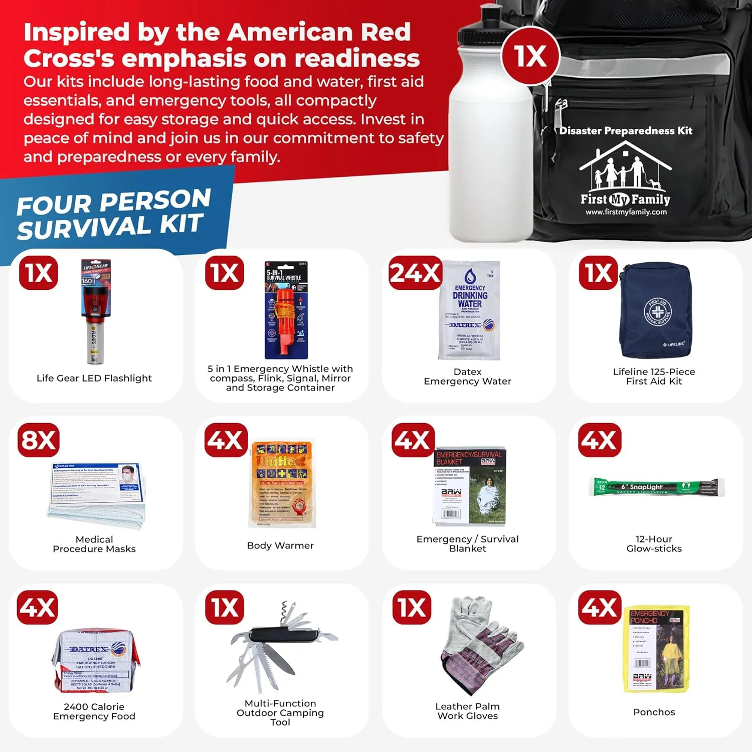 First My Family All-in-One 4 Person, 72 Hour Emergency Survival Kit for Fires, Earthquakes, Hurricanes, Floods, Tsunami and Other Disasters - Premium Black Backpack