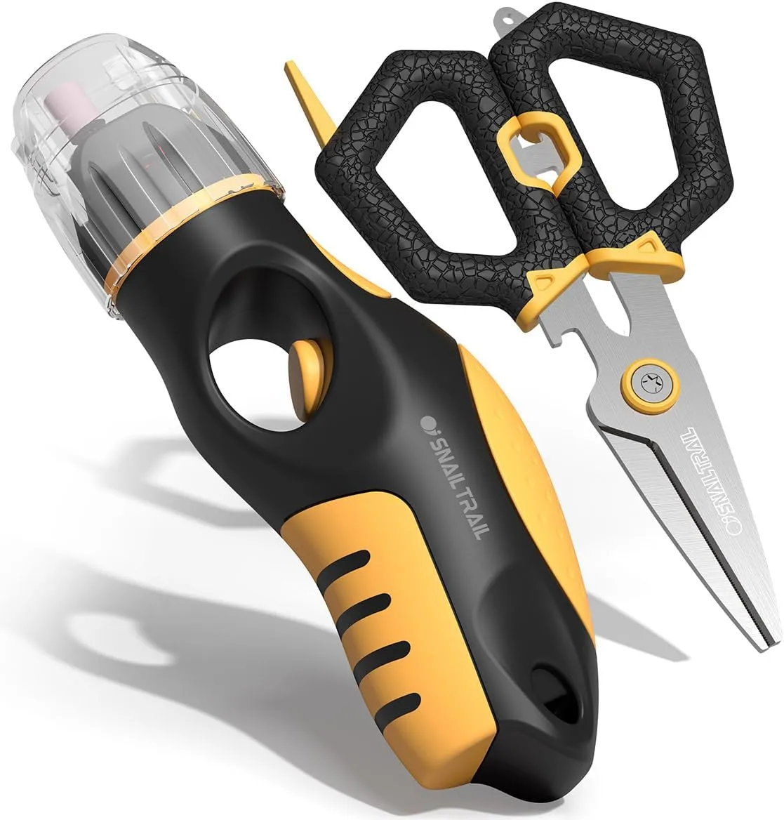 Fishing Line Stripper & 6" Scissors Kit, Built-in Electric Hook Sharpener, Portable Fish Braided Line Remover & Unwinding Tool, Reel Line Removal Equipment, Stripping Unwinder Gear for Men