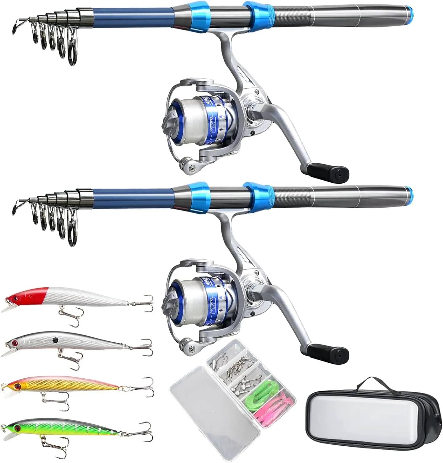 Fishing Pole Combo Set, 2PCS Alloy Fishing Rods 2PCS Spinning Reels Mono Fishing line Come Setup Already！Including 4PCS Minnow, Fishing Plier， ministoream
