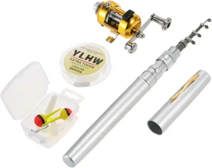 Fishing Rod Reel Combo Set Mini Telescopic Portable Pocket Pen Fishing Rod Pole and Reel Aluminum Alloy Fishing Line Soft Lures Baits Jig Hooks