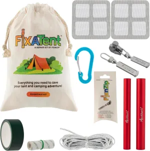 FixnZip FixATent: A Repair Kit Kit Includes Tent Pole splints, Shock Cord, Replacement Zipper Slider, Screen Patches, Fabric Repair Tape, Duct Tape, and Carabiner.