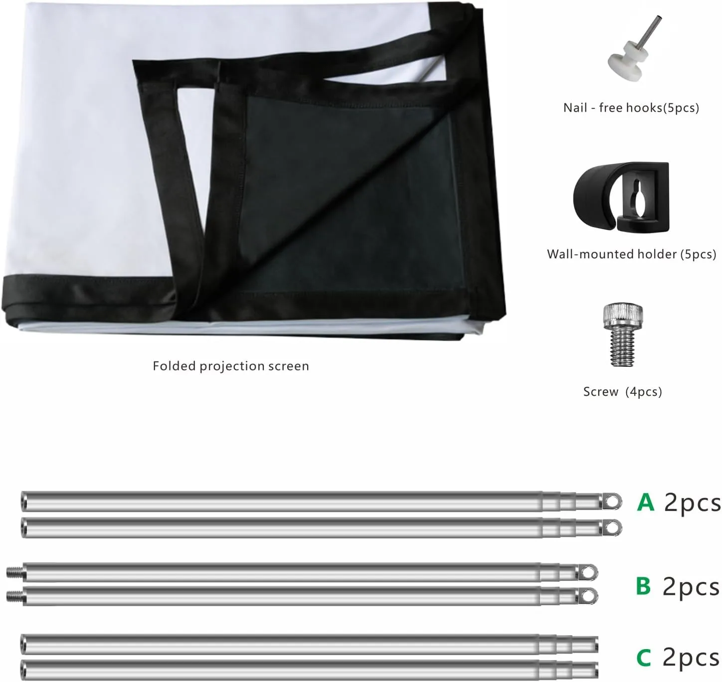 Foldable Projector Screen 120 inch with Lightweight Telescopic Pole Frame Wall Mounted Anti-Crease Black Backing Silver Portable Projection Screen