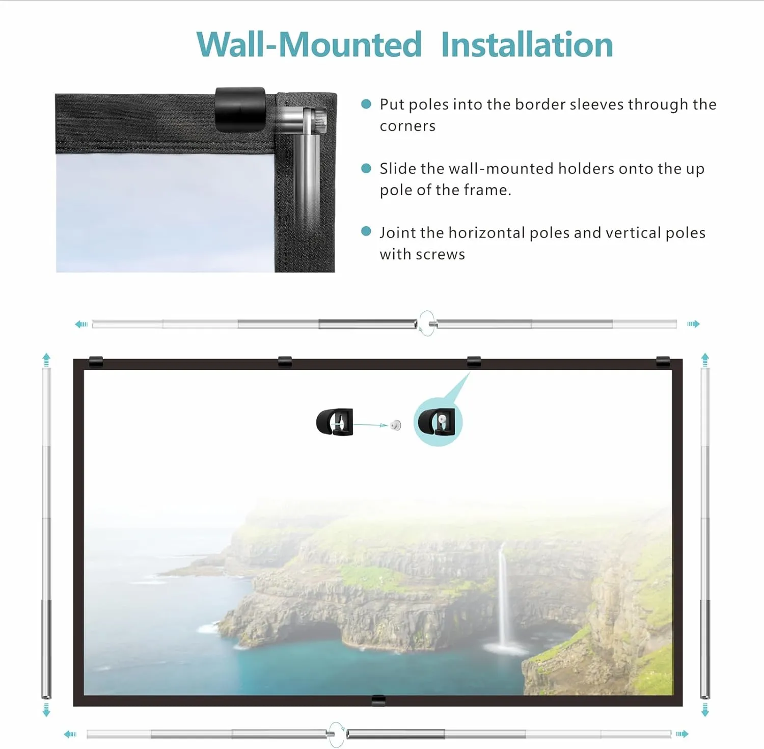 Foldable Projector Screen 120 inch with Lightweight Telescopic Pole Frame Wall Mounted Anti-Crease Black Backing Silver Portable Projection Screen