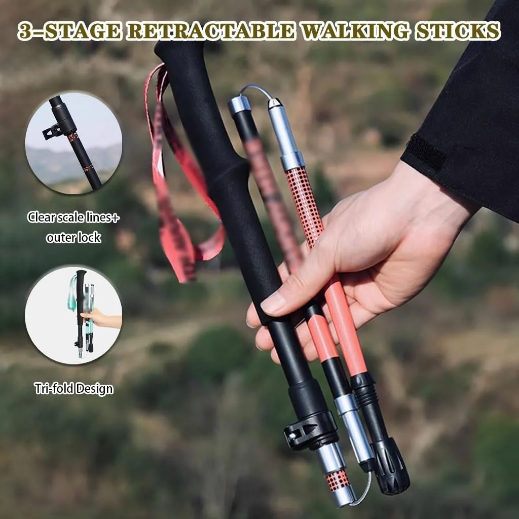 Foldable Trail Poles for Seniors 2 Pcs Telescopic Walking Sticks, Shock-Absorbent Trekking Poles, Carbon Fiber Shaft, Portable Mobility Aid