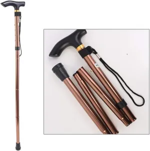 Folding Walking Stick Ultralight Aluminum Alloy Trekking Pole T-Handle Telescopic Elderly Help Walking, Brown