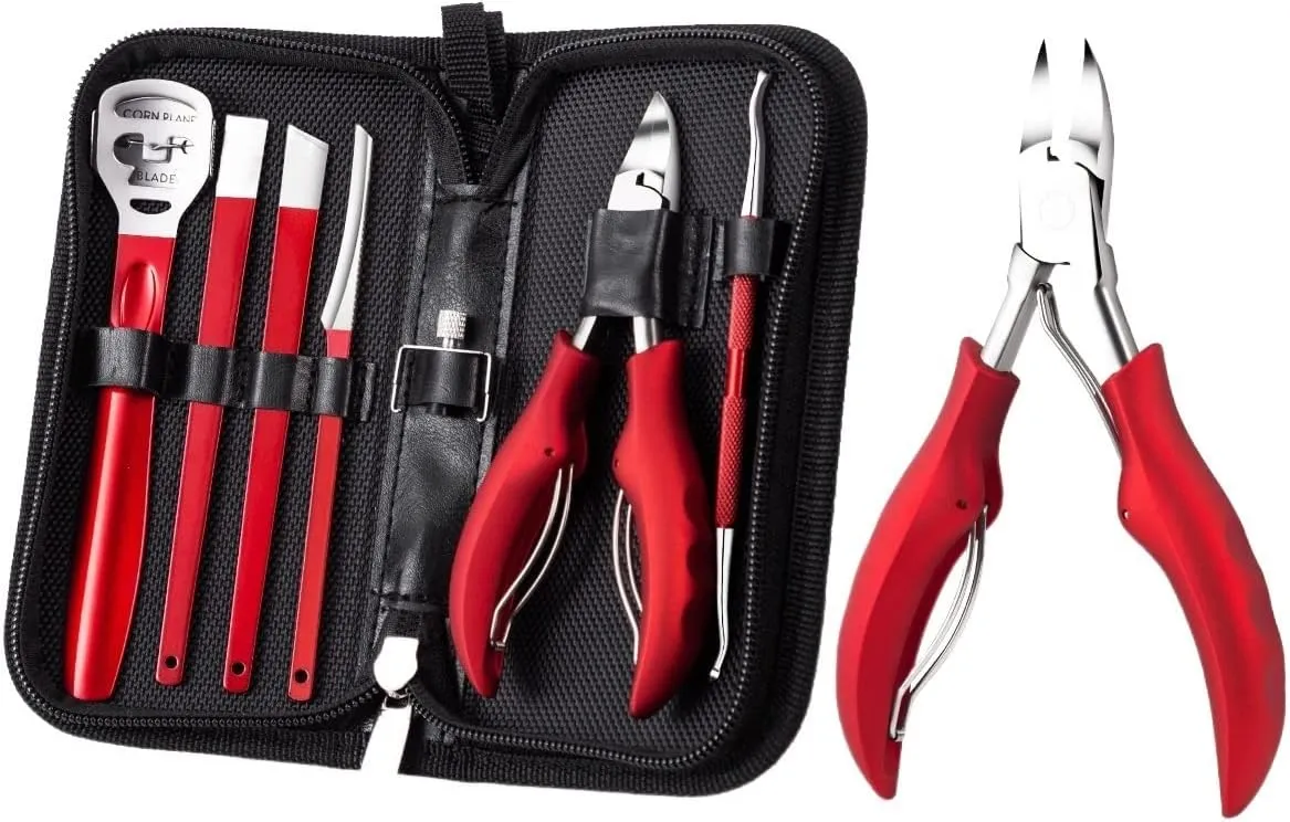 Foot Pedicure Set Toe Nail Correction Thick Nails Ingrown Toenails Nippers Cutters Dead Skin Dirt Remover Manicure Tool (Color : 7pcs-red)