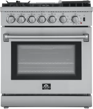 FORNO Lazio Dual Fuel 30″ Inch. Gas Range Electric Oven Freestanding 5 Sealed Burners 69,500 BTU Stove-Top Output, Electric Oven Includes Air Fryer and Griddle