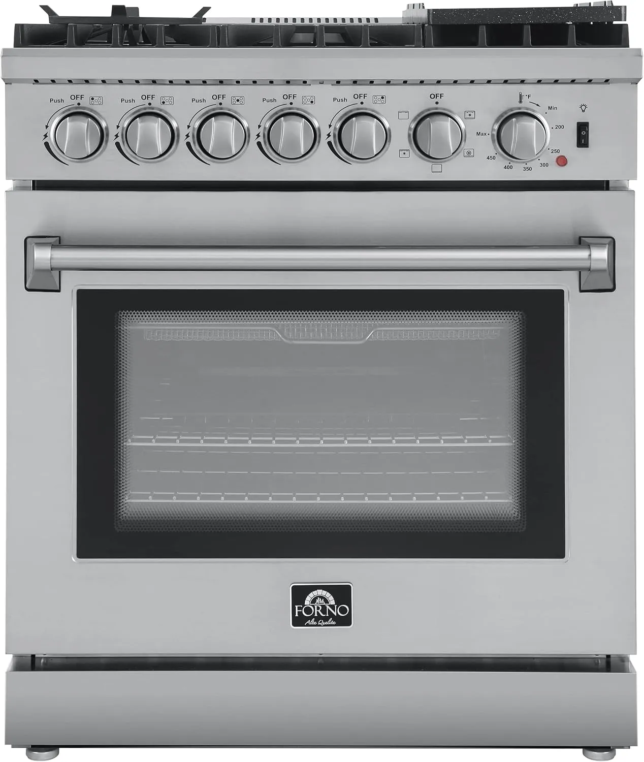 FORNO Lazio Dual Fuel 30″ Inch. Gas Range Electric Oven Freestanding 5 Sealed Burners 69,500 BTU Stove-Top Output, Electric Oven Includes Air Fryer and Griddle