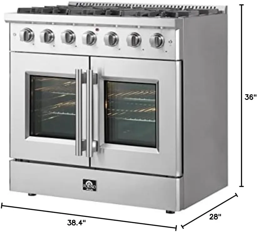 FORNO Vittorio Full Gas 36" Inch. French Door Freestanding Range 6 Sealed Burners Cooktop - 5.36 Cu. Ft. Gas Convection Oven Capacity - Stainless Steel Stove Range Heavy Duty Cast Iron Grates