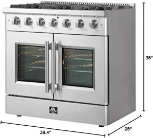 FORNO Vittorio Full Gas 36" Inch. French Door Freestanding Range 6 Sealed Burners Cooktop - 5.36 Cu. Ft. Gas Convection Oven Capacity - Stainless Steel Stove Range Heavy Duty Cast Iron Grates