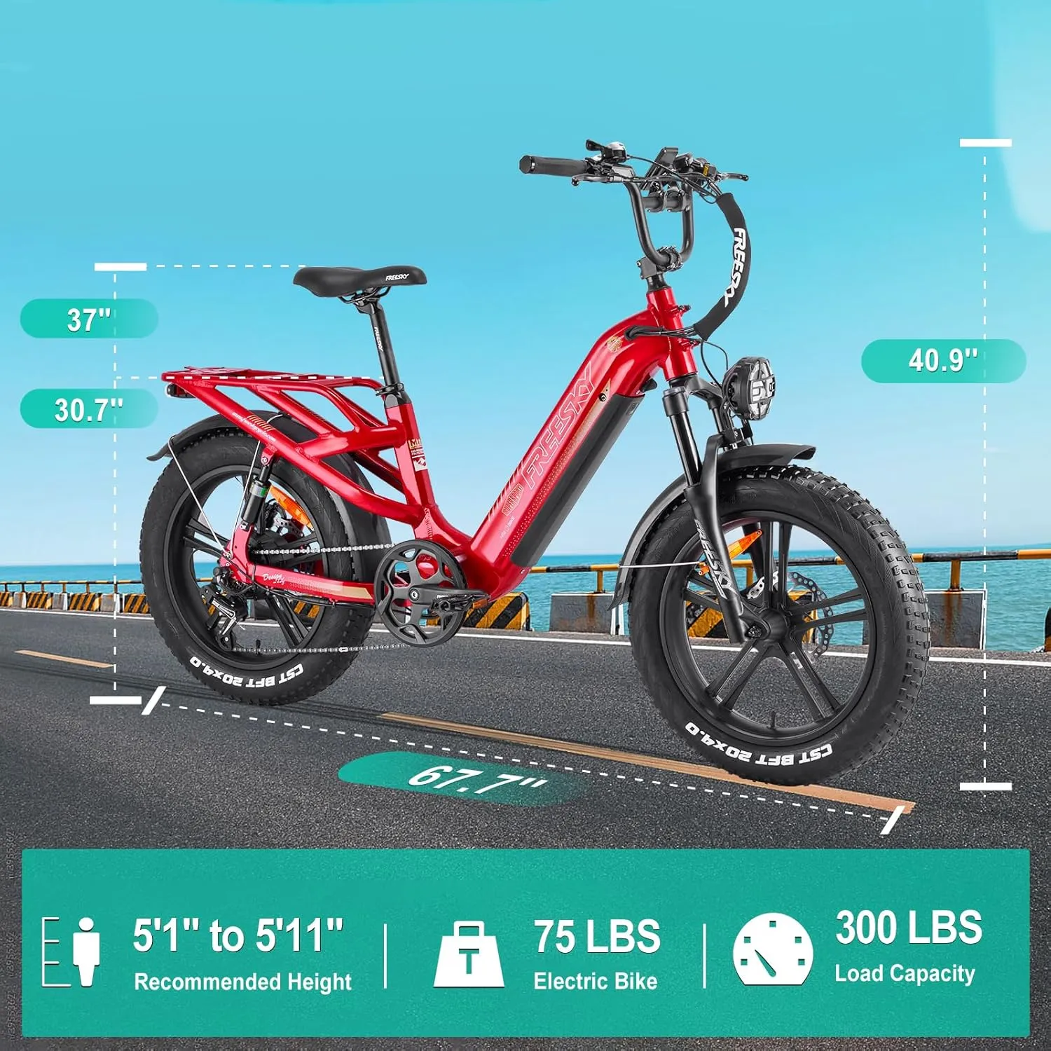 FREESKY Step-Thru Commuter Electric Bike 1200W Motor 28MPH Adults Ebike - 105 Mile Long Range with 48V 25Ah Samsung Cell Battery, 20x4 Fat Tire All-Terrain Bicycle, Full Suspension for Women & Men