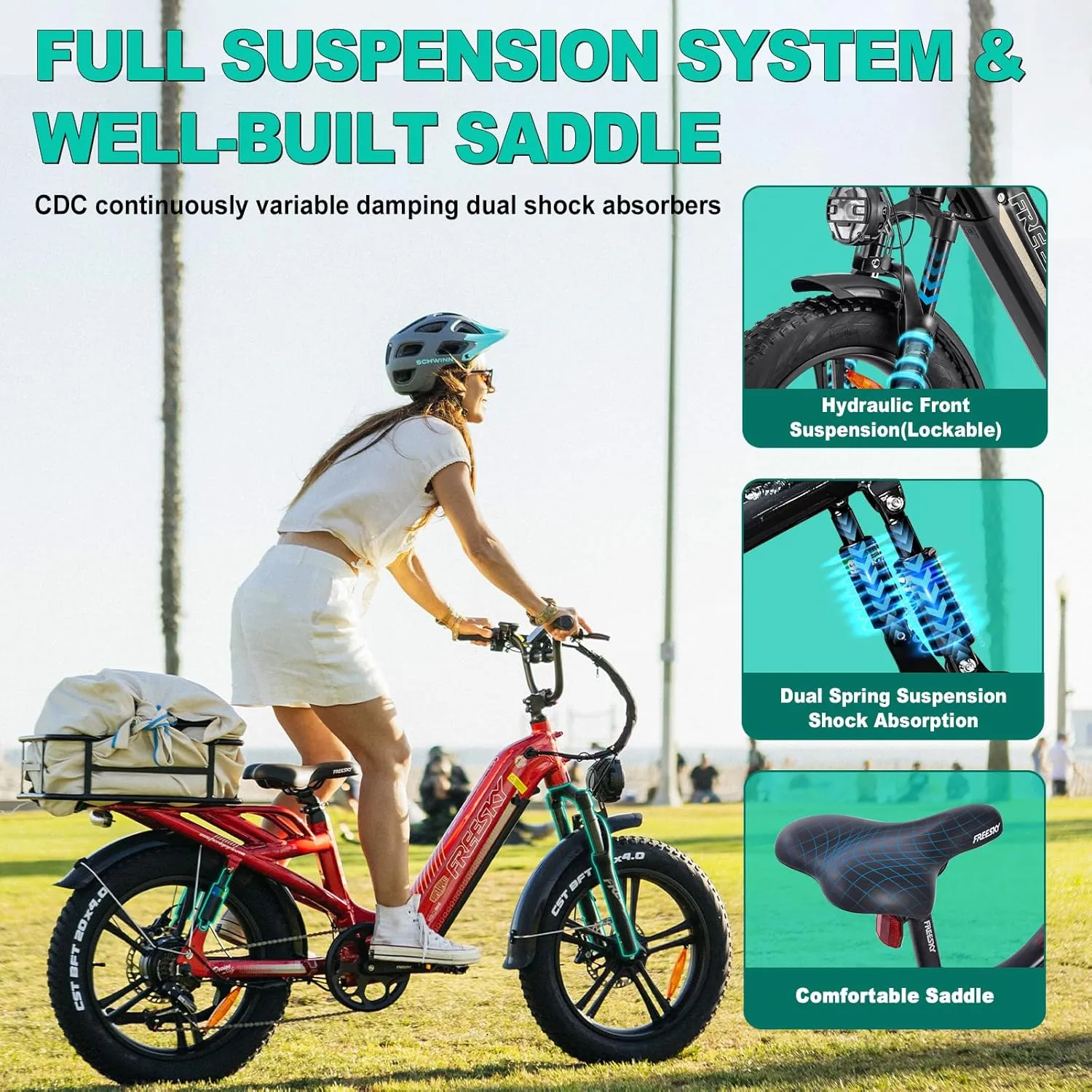 FREESKY Step-Thru Commuter Electric Bike 1200W Motor 28MPH Adults Ebike - 105 Mile Long Range with 48V 25Ah Samsung Cell Battery, 20x4 Fat Tire All-Terrain Bicycle, Full Suspension for Women & Men