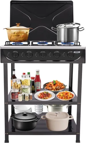 Freestanding Natural Gas Stove with 5 Burners, Portable Camping Stove Outdoor Use (Each) Combustion Power: 2.5KW (Black)
