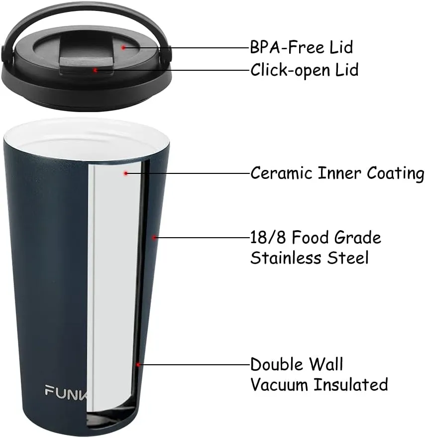 Funkrin Insulated Coffee Mug with Ceramic Coating, 16oz Iced Coffee Tumbler Cup with Flip Lid and Handle, Double Wall Vacuum Leak-Proof Thermos Mug for Travel Office School Party Camping