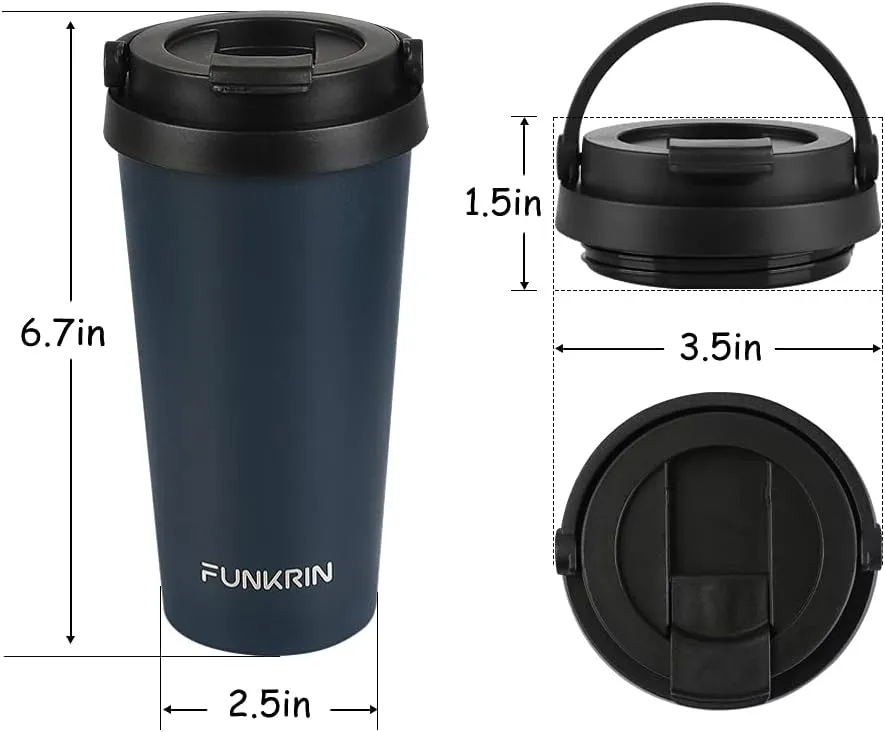 Funkrin Insulated Coffee Mug with Ceramic Coating, 16oz Iced Coffee Tumbler Cup with Flip Lid and Handle, Double Wall Vacuum Leak-Proof Thermos Mug for Travel Office School Party Camping