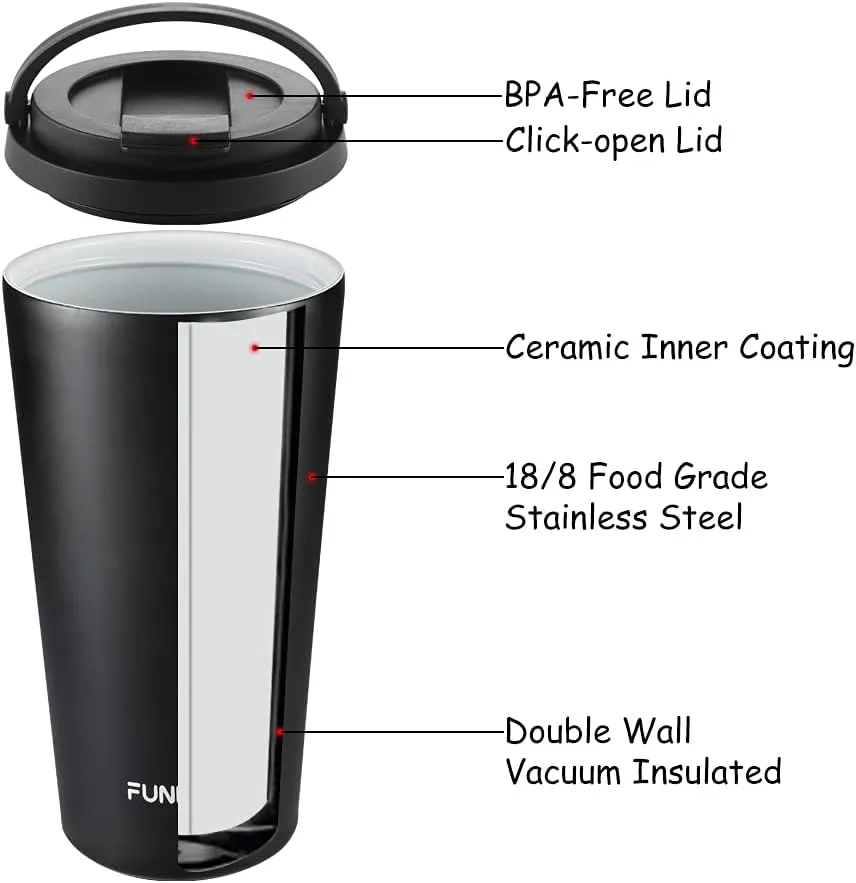 Funkrin Insulated Coffee Mug with Ceramic Coating, 16oz Iced Coffee Tumbler Cup with Flip Lid and Handle, Double Wall Vacuum Leak-Proof Thermos Mug for Travel Office School Party Camping