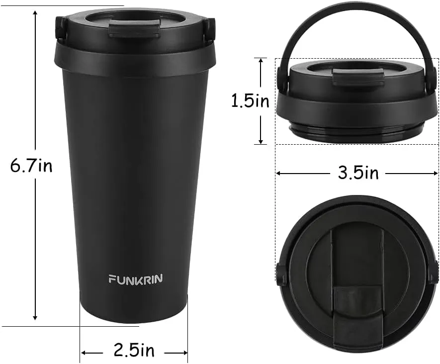 Funkrin Insulated Coffee Mug with Ceramic Coating, 16oz Iced Coffee Tumbler Cup with Flip Lid and Handle, Double Wall Vacuum Leak-Proof Thermos Mug for Travel Office School Party Camping
