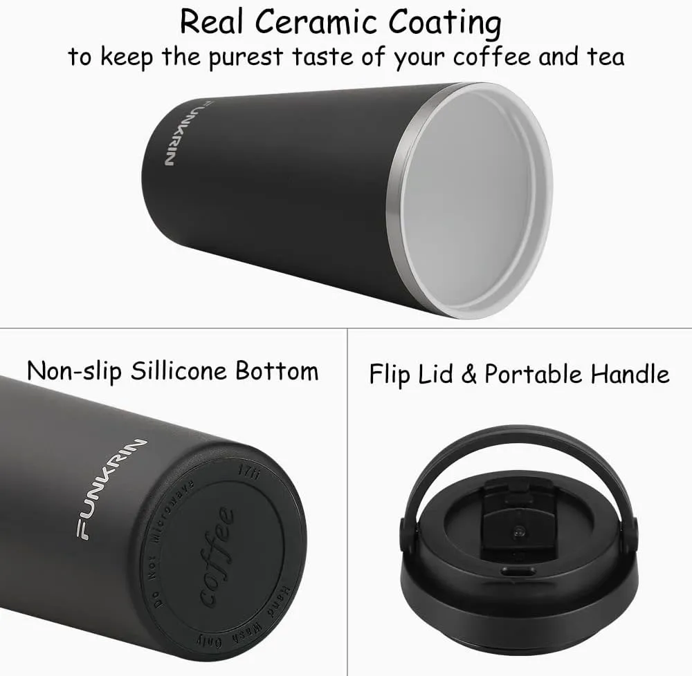 Funkrin Insulated Coffee Mug with Ceramic Coating, 16oz Iced Coffee Tumbler Cup with Flip Lid and Handle, Double Wall Vacuum Leak-Proof Thermos Mug for Travel Office School Party Camping