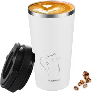 Funkrin Insulated Coffee Mug with Ceramic Coating, 16oz Iced Coffee Tumbler Cup with Flip Lid and Handle, Double Wall Vacuum Leak-Proof Thermos Mug for Travel Office School Party Camping