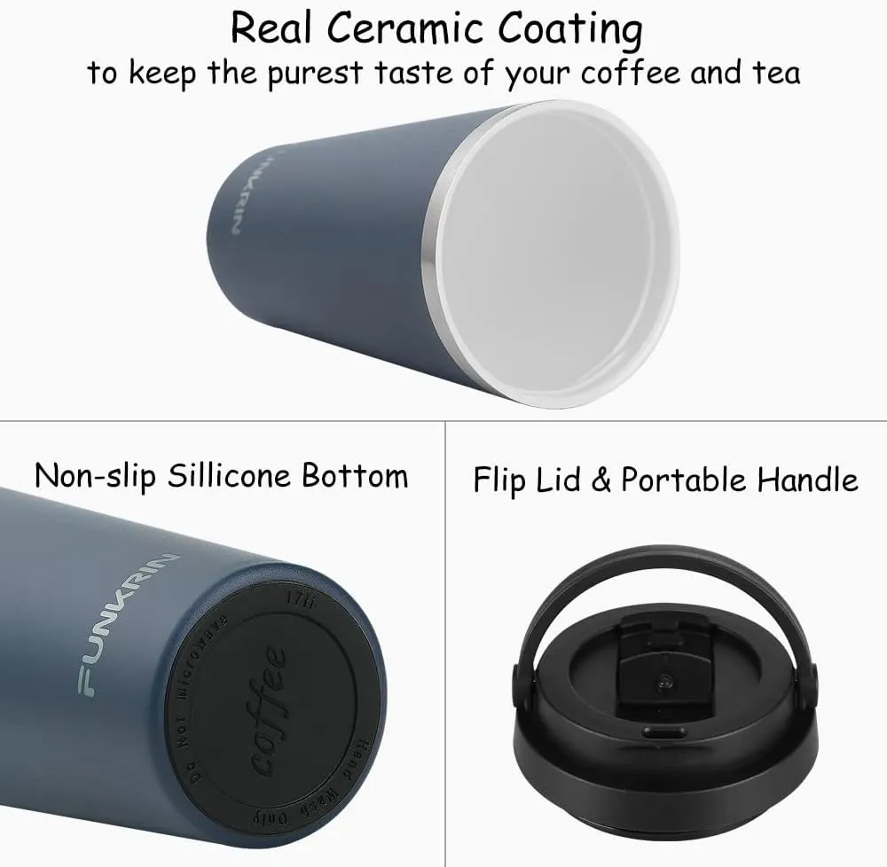 Funkrin Insulated Coffee Mug with Ceramic Coating, 16oz Iced Coffee Tumbler Cup with Flip Lid and Handle, Double Wall Vacuum Leak-Proof Thermos Mug for Travel Office School Party Camping