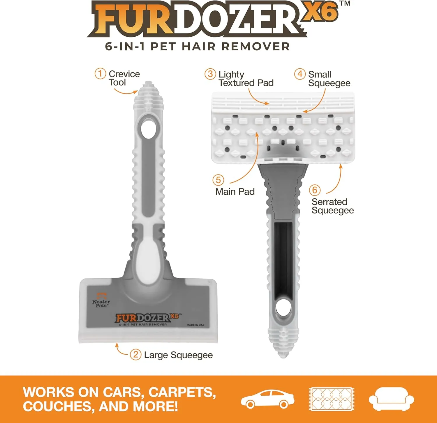 FurDozer X6 Pet Hair Remover & Auto Detailing Tool - Cat & Dog Hair Remover for Carpets, Car Interiors, Couches, Bedding, & Furniture - Reusable Pet Hair Removal Tool for Cat and Dog Fur & Lint, Grey