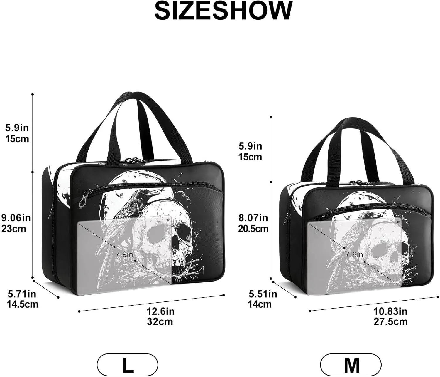 Fustylead Black and White Skull and Crow Large Medicine Bag Travel Pill Bottle Organizer with Zipper, Empty First Aid Bag for Camping Hiking Outdoors