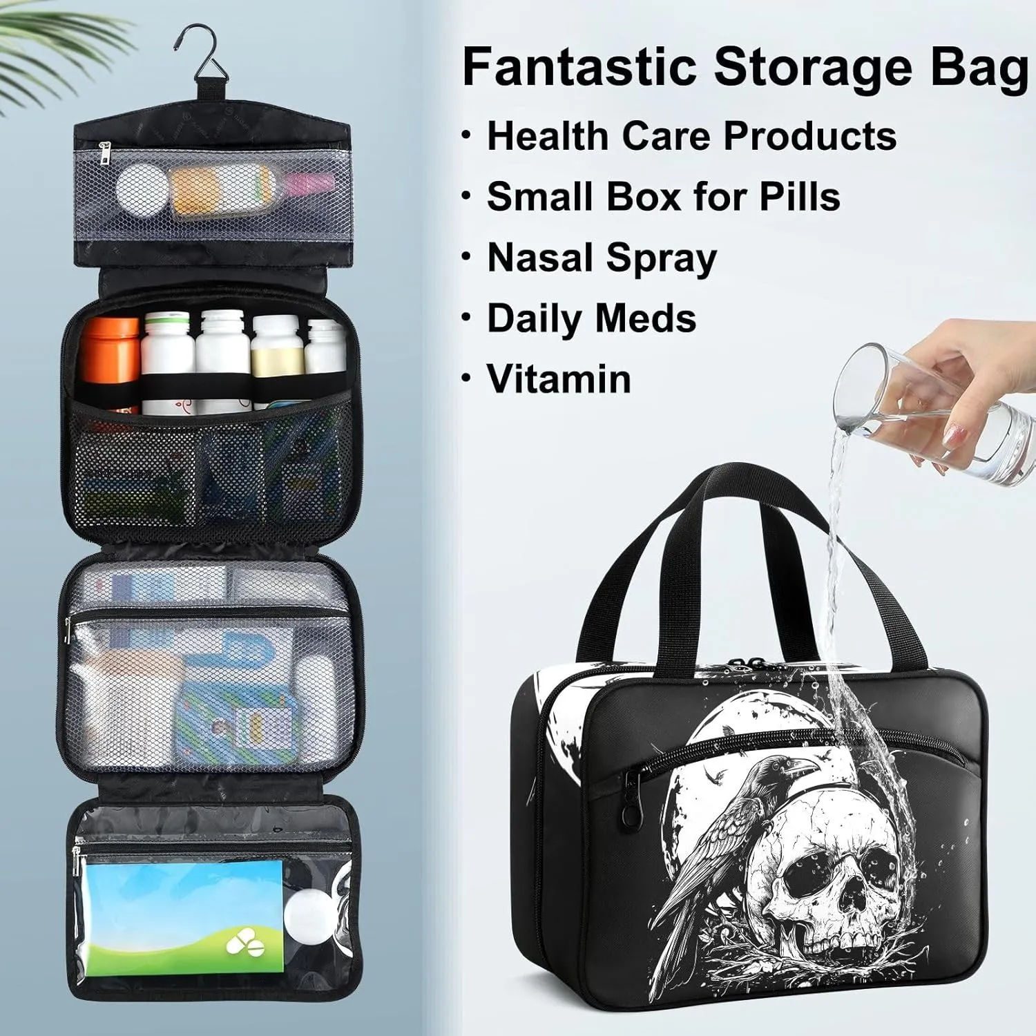 Fustylead Black and White Skull and Crow Large Medicine Bag Travel Pill Bottle Organizer with Zipper, Empty First Aid Bag for Camping Hiking Outdoors