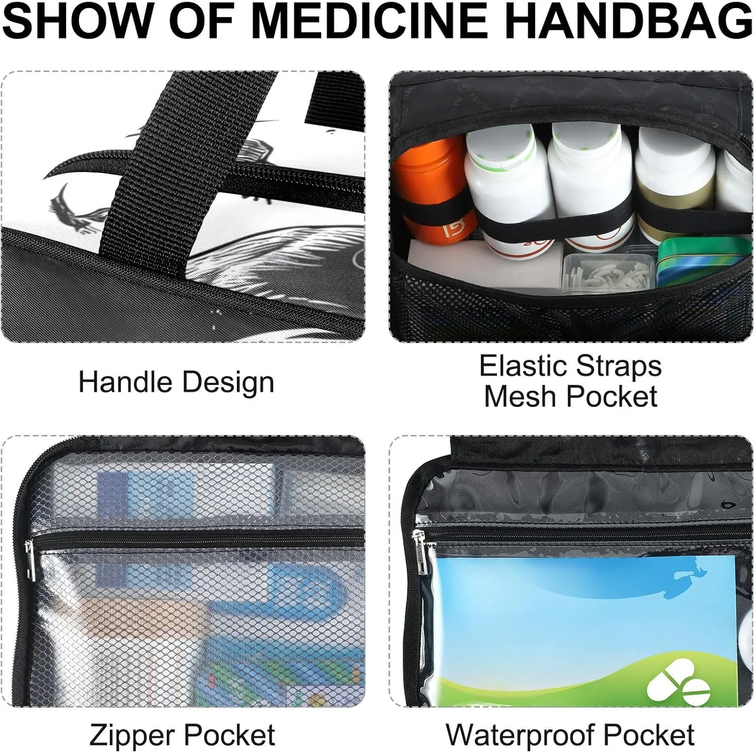 Fustylead Black and White Skull and Crow Large Medicine Bag Travel Pill Bottle Organizer with Zipper, Empty First Aid Bag for Camping Hiking Outdoors