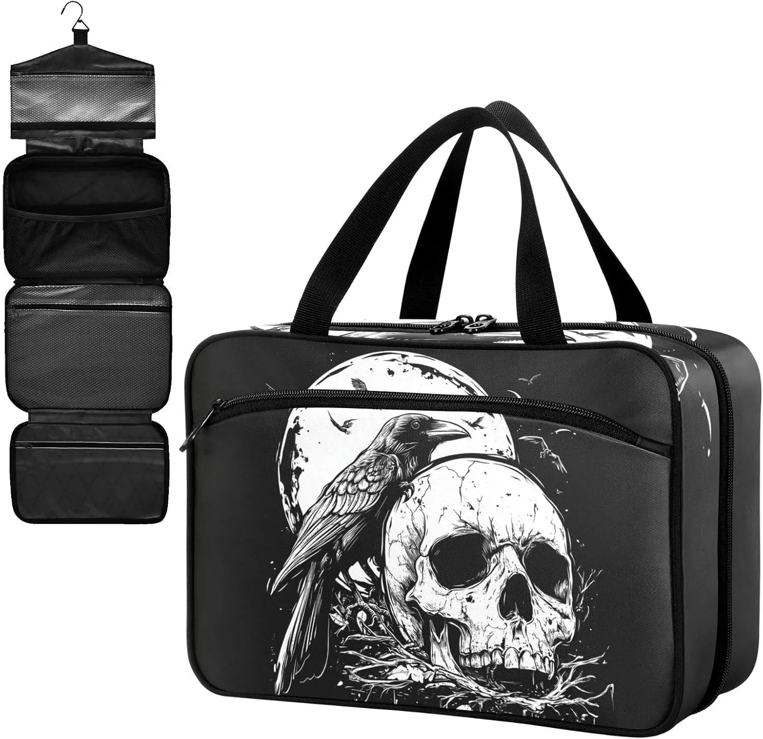 Fustylead Black and White Skull and Crow Large Medicine Bag Travel Pill Bottle Organizer with Zipper, Empty First Aid Bag for Camping Hiking Outdoors