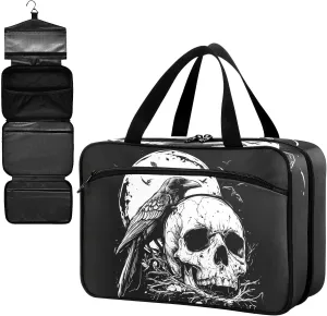 Fustylead Black and White Skull and Crow Large Medicine Bag Travel Pill Bottle Organizer with Zipper, Empty First Aid Bag for Camping Hiking Outdoors