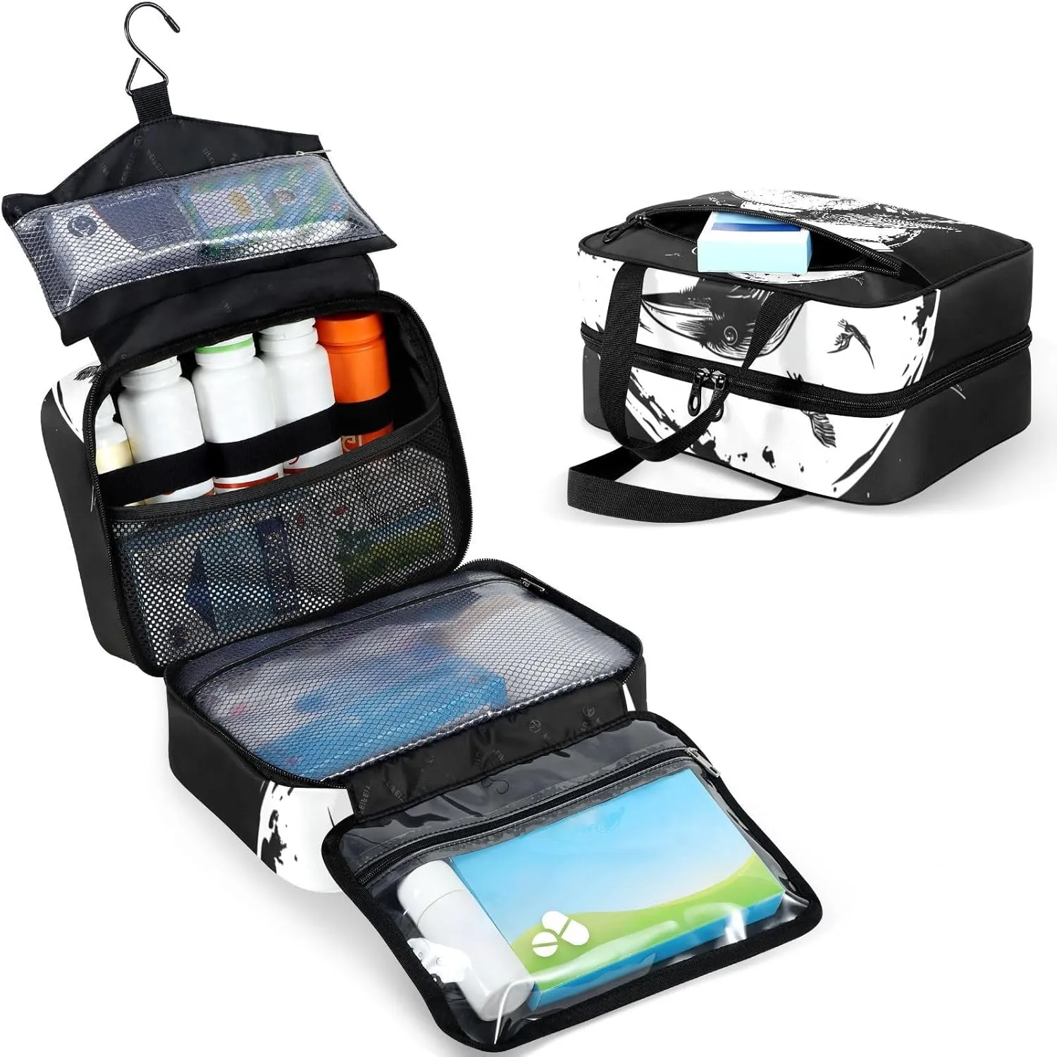 Fustylead Black and White Skull and Crow Large Medicine Bag Travel Pill Bottle Organizer with Zipper, Empty First Aid Bag for Camping Hiking Outdoors