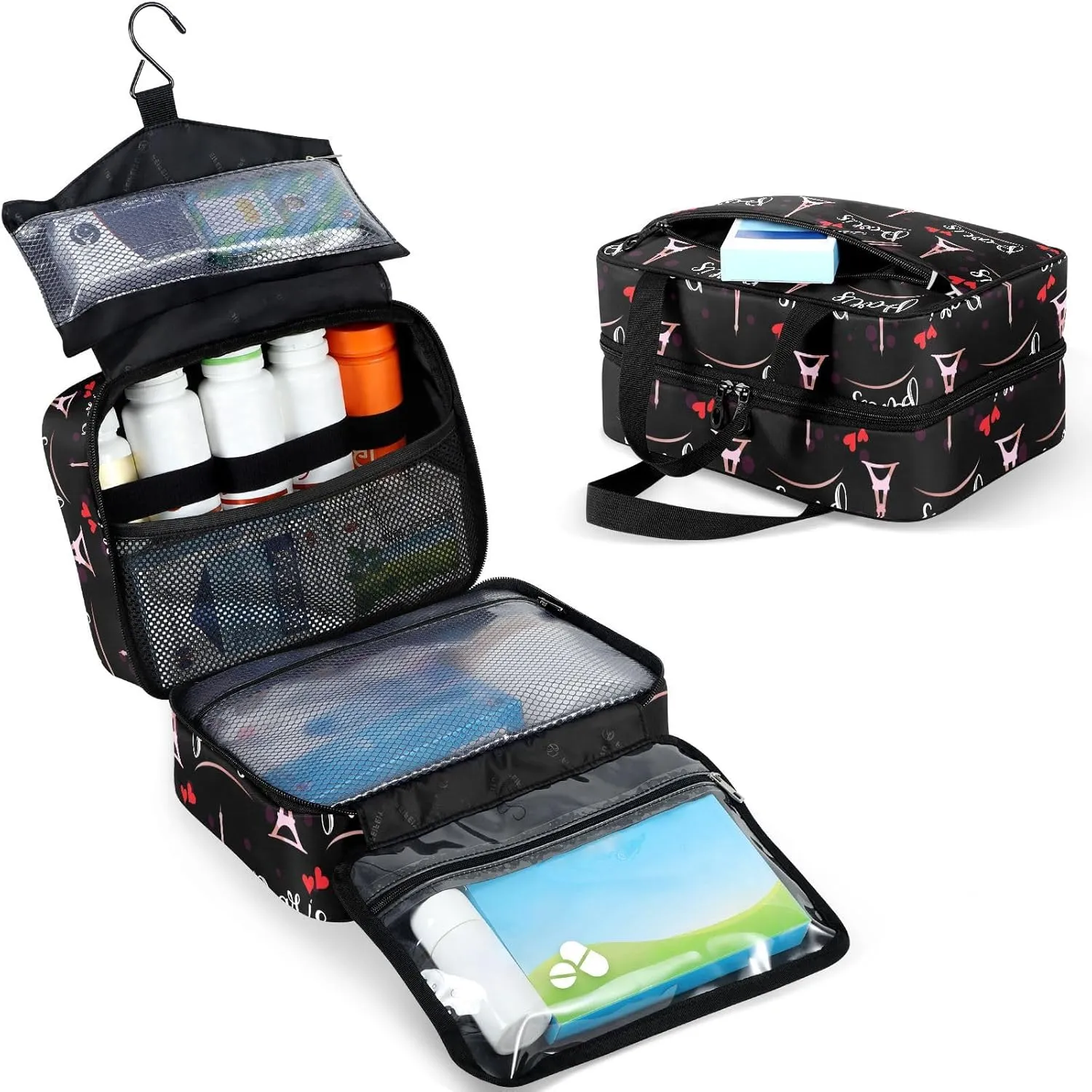 Fustylead Fashionable Simple Paris Eiffel Tower Sketch Travel Medicine Storage Bag Large Household Pill Bottle Organizer with Zipper for First Aid, Pills, Vitamins, Medical Supplies