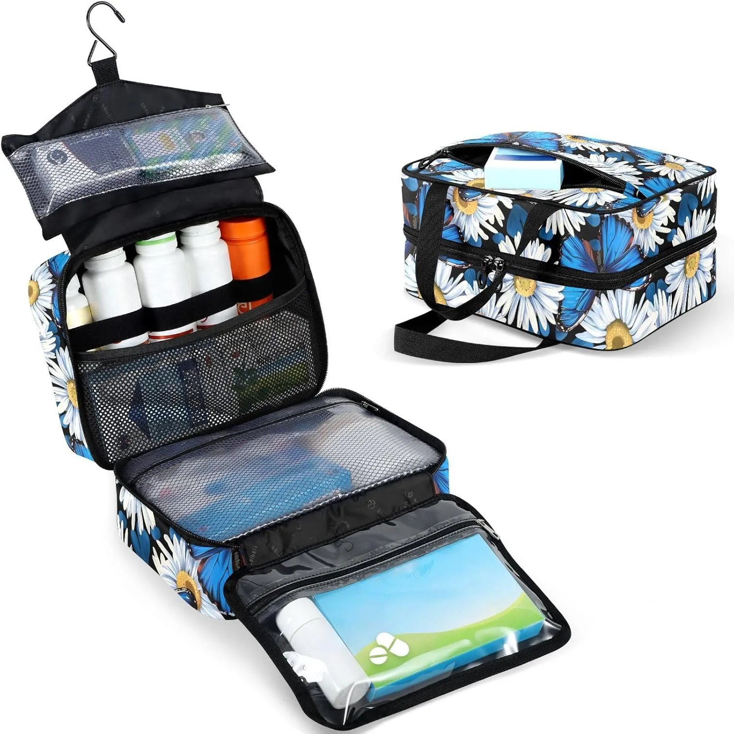 Fustylead Vibrant Blue Morpho Butterfly and Daisy Large Medical Storage Bag with Zipper Empty First Aid Bag Trauma Kit for Traveling Hiking Camping Backpacking