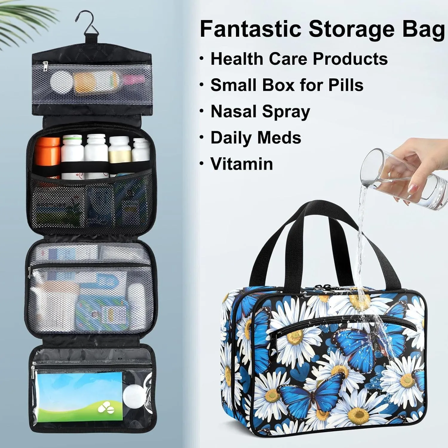 Fustylead Vibrant Blue Morpho Butterfly and Daisy Large Medical Storage Bag with Zipper Empty First Aid Bag Trauma Kit for Traveling Hiking Camping Backpacking