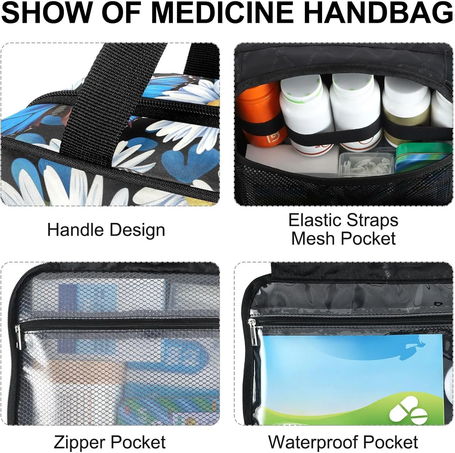 Fustylead Vibrant Blue Morpho Butterfly and Daisy Large Medical Storage Bag with Zipper Empty First Aid Bag Trauma Kit for Traveling Hiking Camping Backpacking
