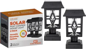 Gama Sonic Luna II Outdoor Solar Light for Column Cap Lamp and Fence Posts, 2-Pack, Pier Mount or 4x4 Mount, Black Cast Heavy-Duty Aluminum, 84BP250011
