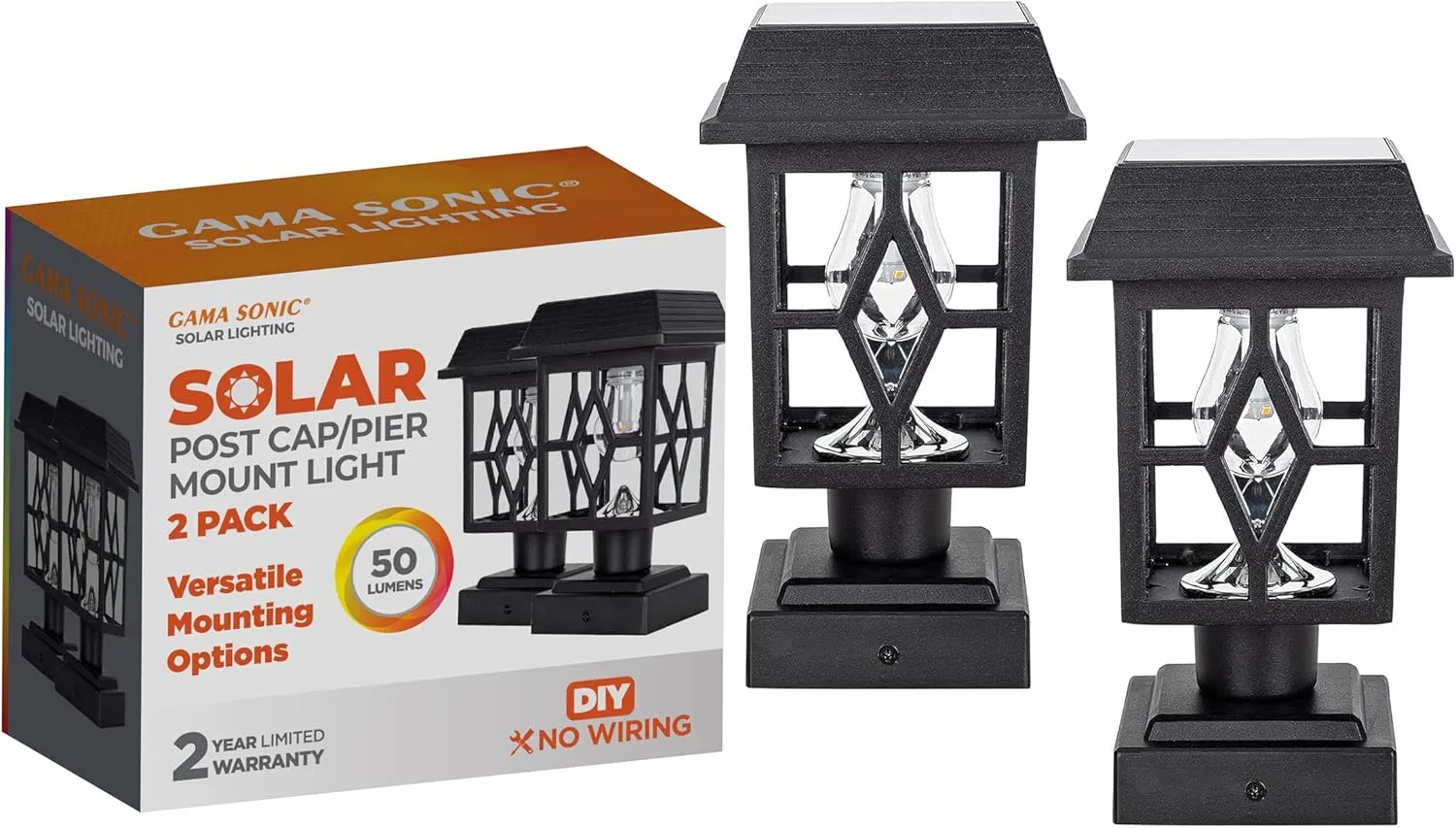 Gama Sonic Luna II Outdoor Solar Light for Column Cap Lamp and Fence Posts, 2-Pack, Pier Mount or 4x4 Mount, Black Cast Heavy-Duty Aluminum, 84BP250011