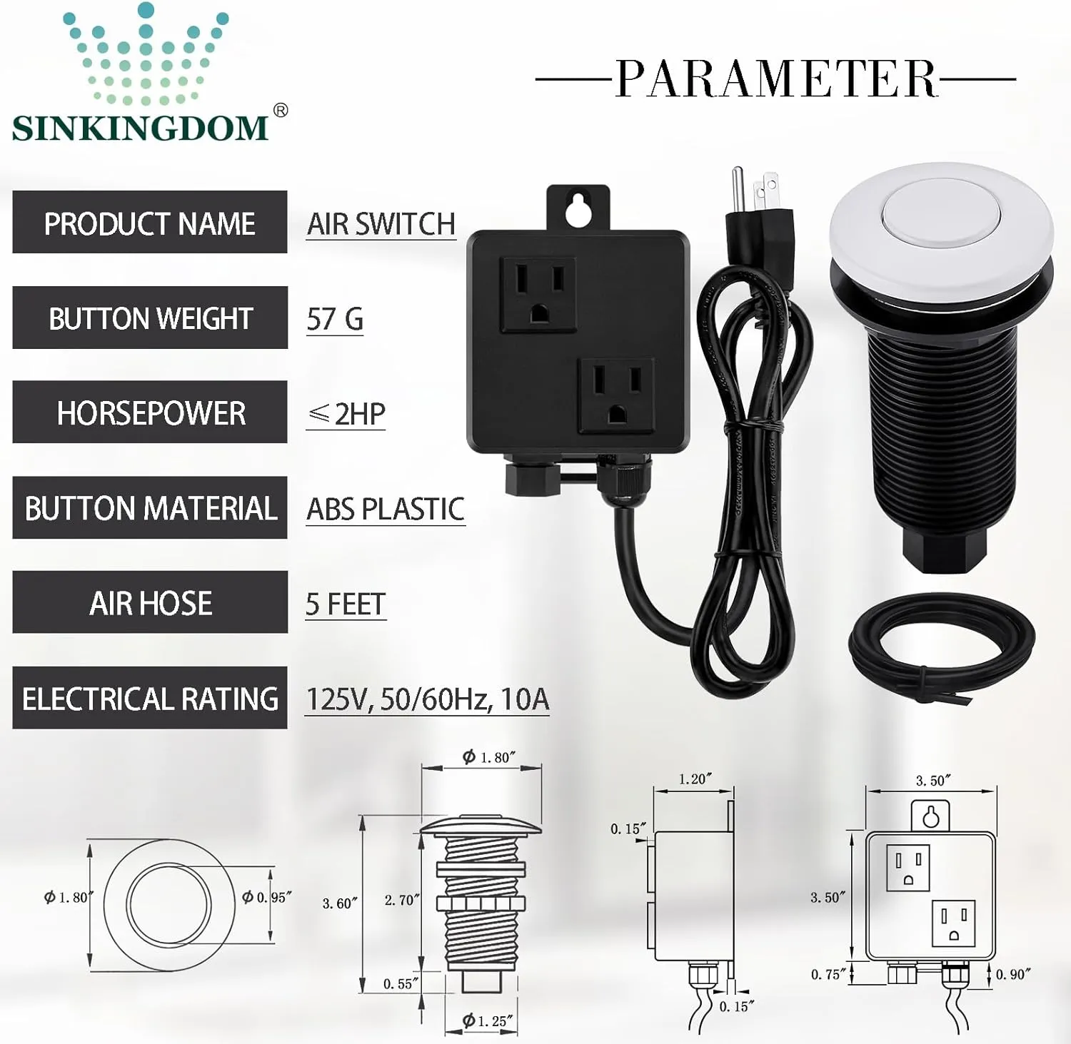 Garbage Disposal SinkTop Air Switch Kit with Long Button,White,Brass Made Cover