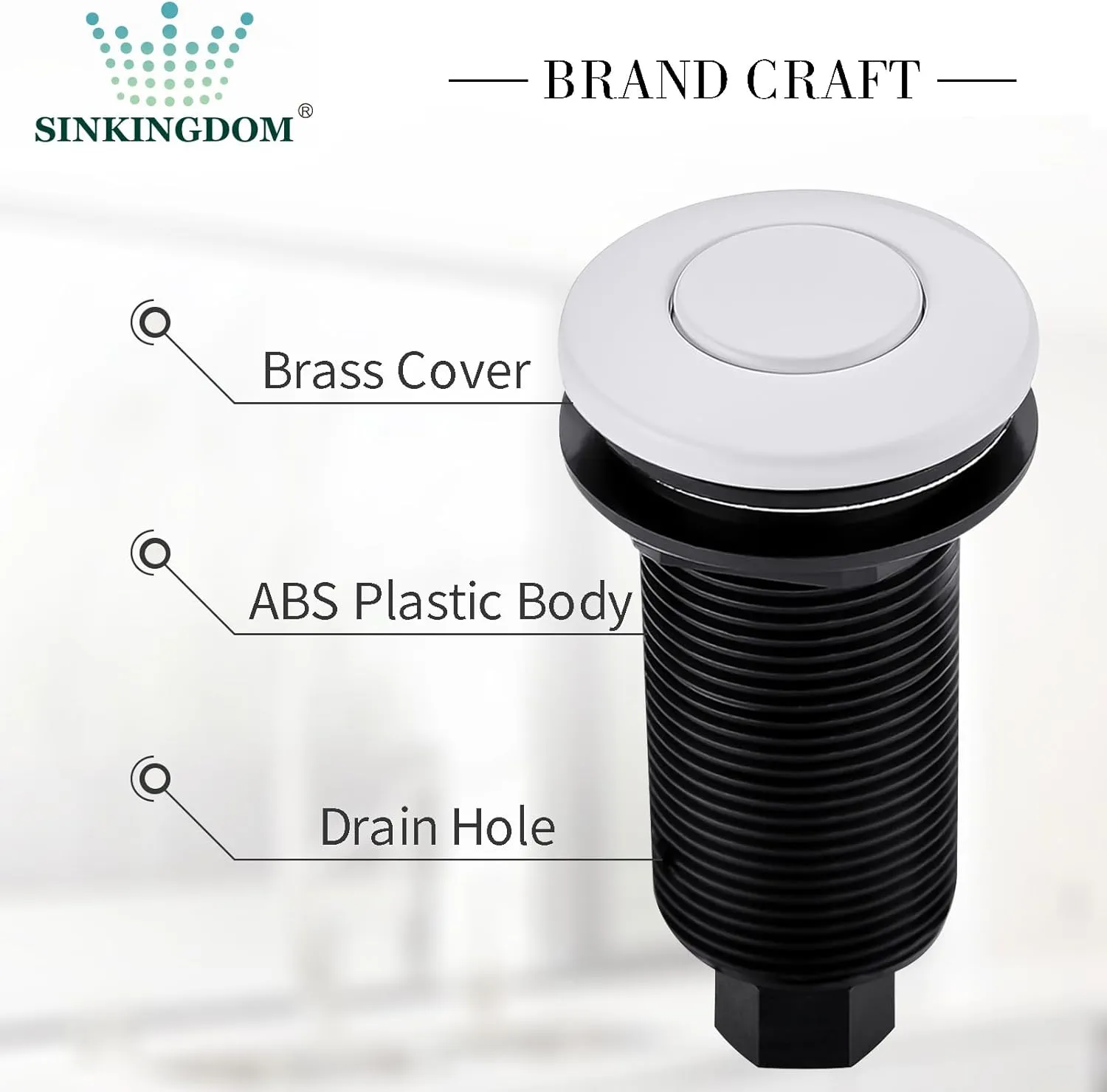 Garbage Disposal SinkTop Air Switch Kit with Long Button,White,Brass Made Cover
