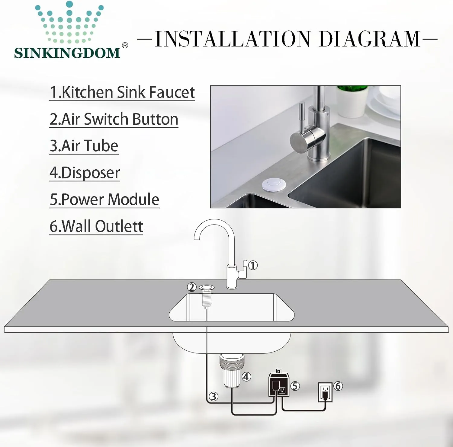 Garbage Disposal SinkTop Air Switch Kit with Long Button,White,Brass Made Cover