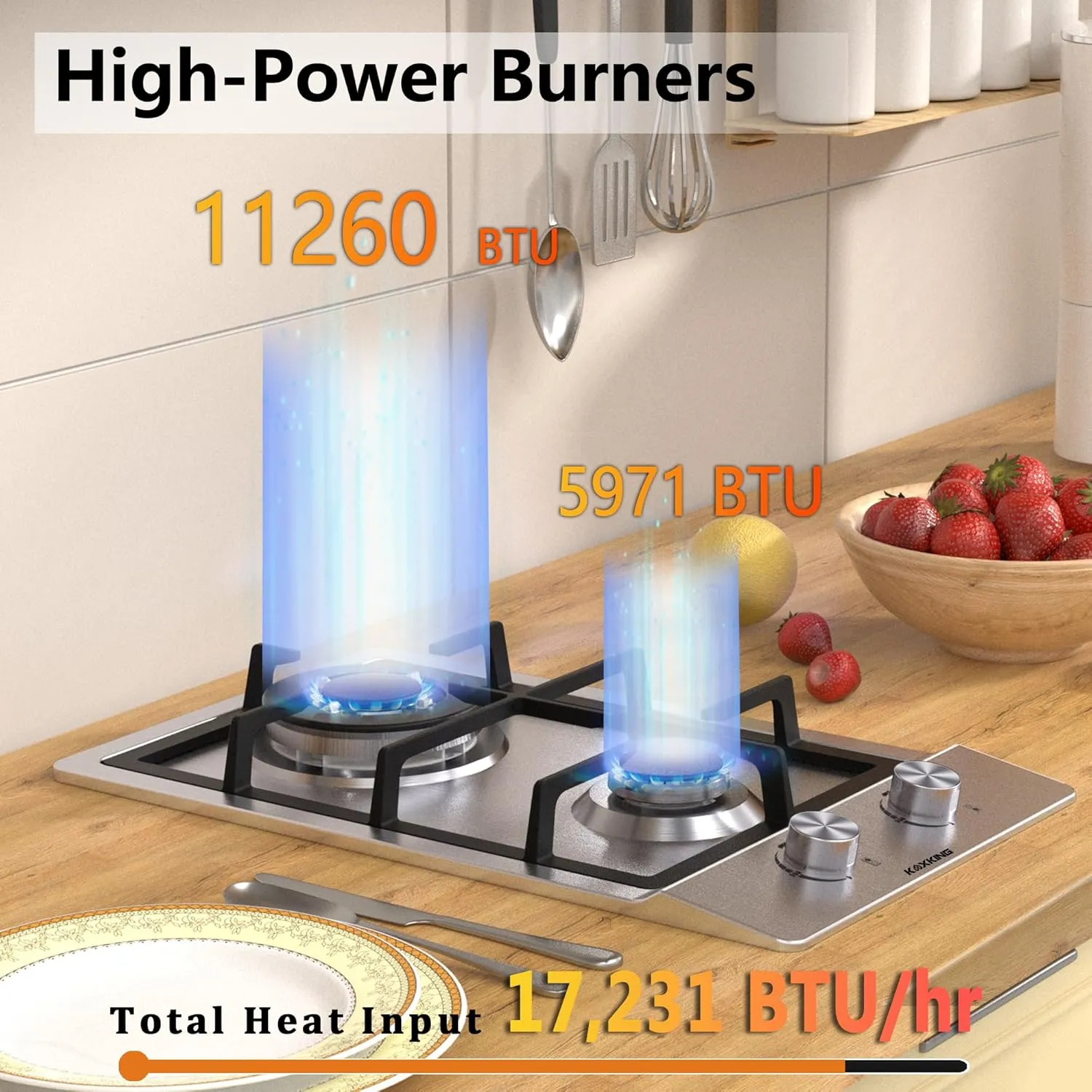 Gas Cooktop 12 inch, Built-in Gas Stove Top with 2, 12 Inch NG/LPG Convertible Cooktops, Dual Burner Propane Cooktop with Thermocouple Protection, Stainless Steel