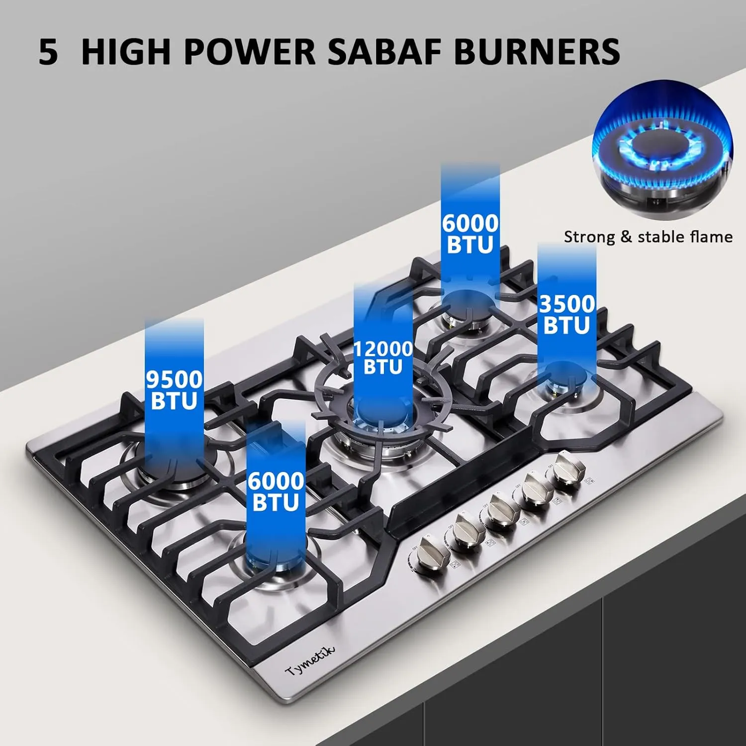 Gas Cooktop 30 Inch, 5 High Efficiency Burners Gas Stovetop Stainless Steel Built-in Gas Stove Top Propane/Natural Gas Convertible Gas Hob