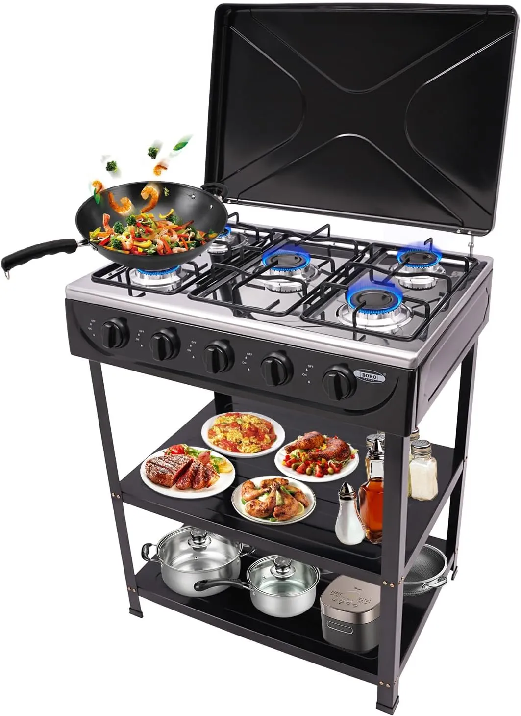 Gas Stove Portable Stove 5 Burner, with Support Leg Stand and Wind Blocking Cover Adapter Manual Ignition Camping Stove, for Home Use, for RV, Apartment, Outdoor Cooking(No Hose) (Black)