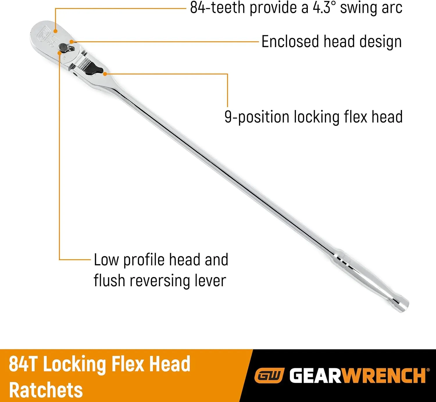 GEARWRENCH 1/2" Drive 84 Tooth Locking Flex Head Teardrop Ratchet 17" - 81362A-07