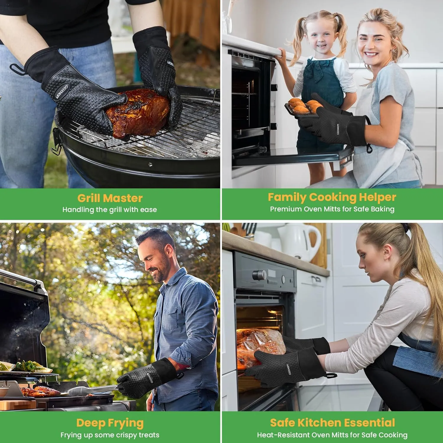 GEEKHOM 8-Piece Silicone Heat Resistant Gloves Set for BBQ, Grilling, Oven & Kitchen, Non-Slip Mitts with Trivet Mats, Hooks & Pinch Grips